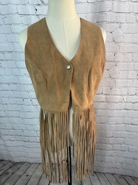 Passport Suede Fringe Vest Tan Leather Western Boho Festival Y2K Cowgirl Size M